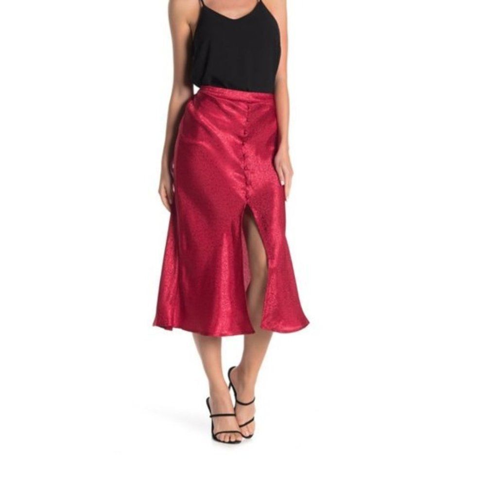 Red Satin Button-Front Midi Skirt